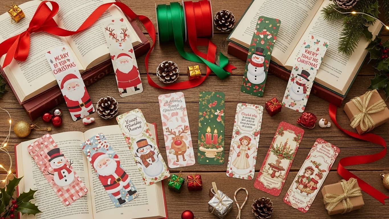 Printable Christmas gift labels arranged with holiday ribbons and decor.
