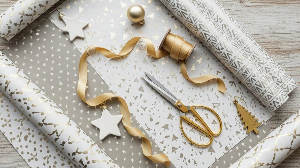 Printable Christmas wrapping paper sheets in modern minimalist holiday designs by artisan anthology.
