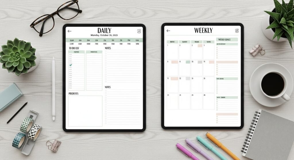 daily vs weekly pages digital planner by artisan anthology.