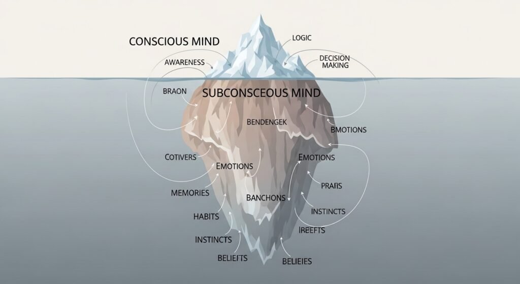 Subconscious mind iceberg showing hidden beliefs and behaviors by artisan anthology.