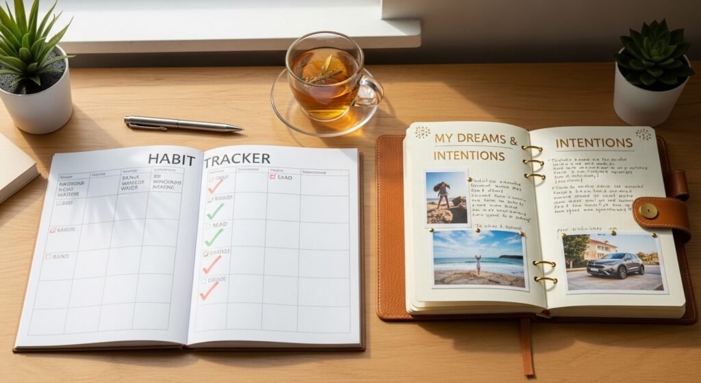 manifestation journal and habit tracker routine by artisan anthology.