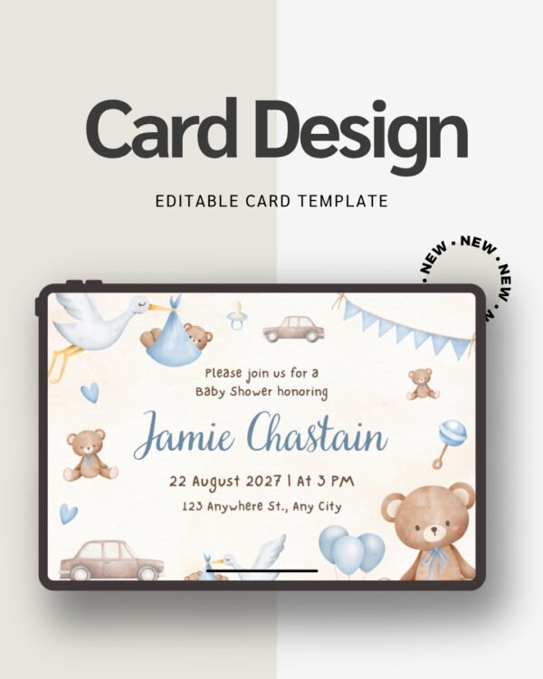 Artisan Anthology - Teddy Bear Baby Shower Invitation - Blue Watercolor Stork & Vintage Car Canva Template