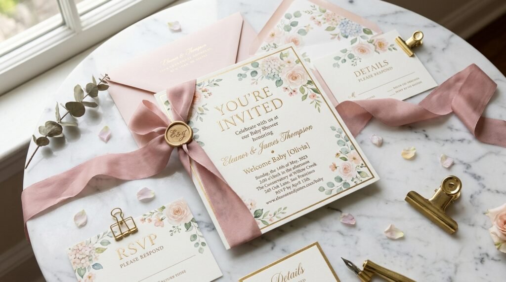 Luxury printable baby shower invitation with floral elegant design by artisan anthology llc.