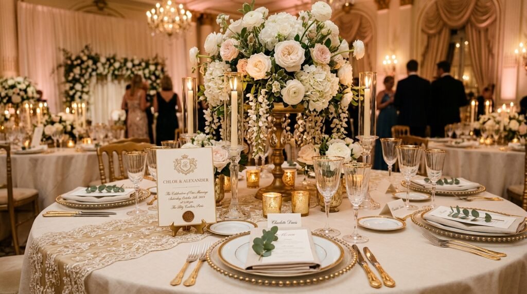Luxury wedding invitation displayed in elegant celebration setup by artisan anthology llc.