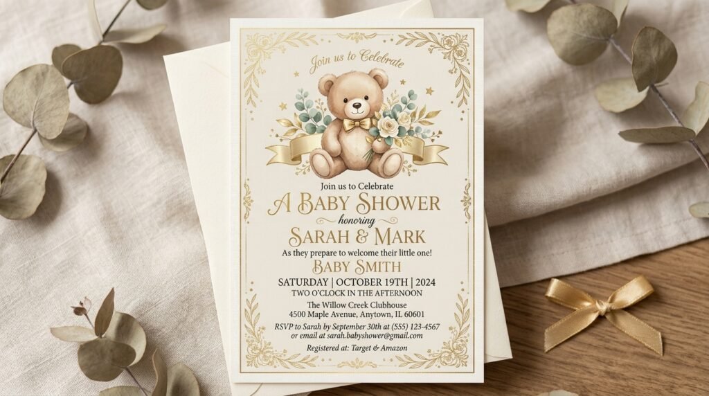 Teddy bear printable baby shower invitation template by artisan anthology llc.
