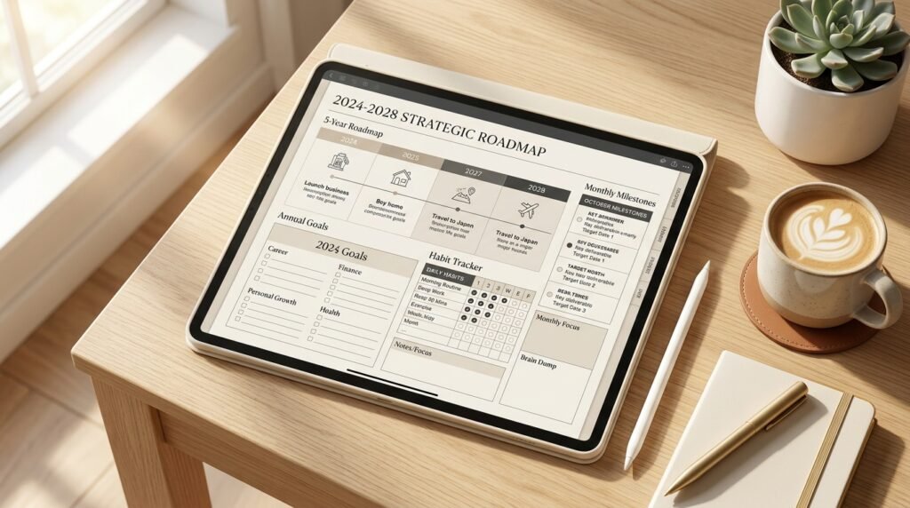 5 year planner displayed on a digital tablet for long-term goal planning and productivity by artisan anthology llc.