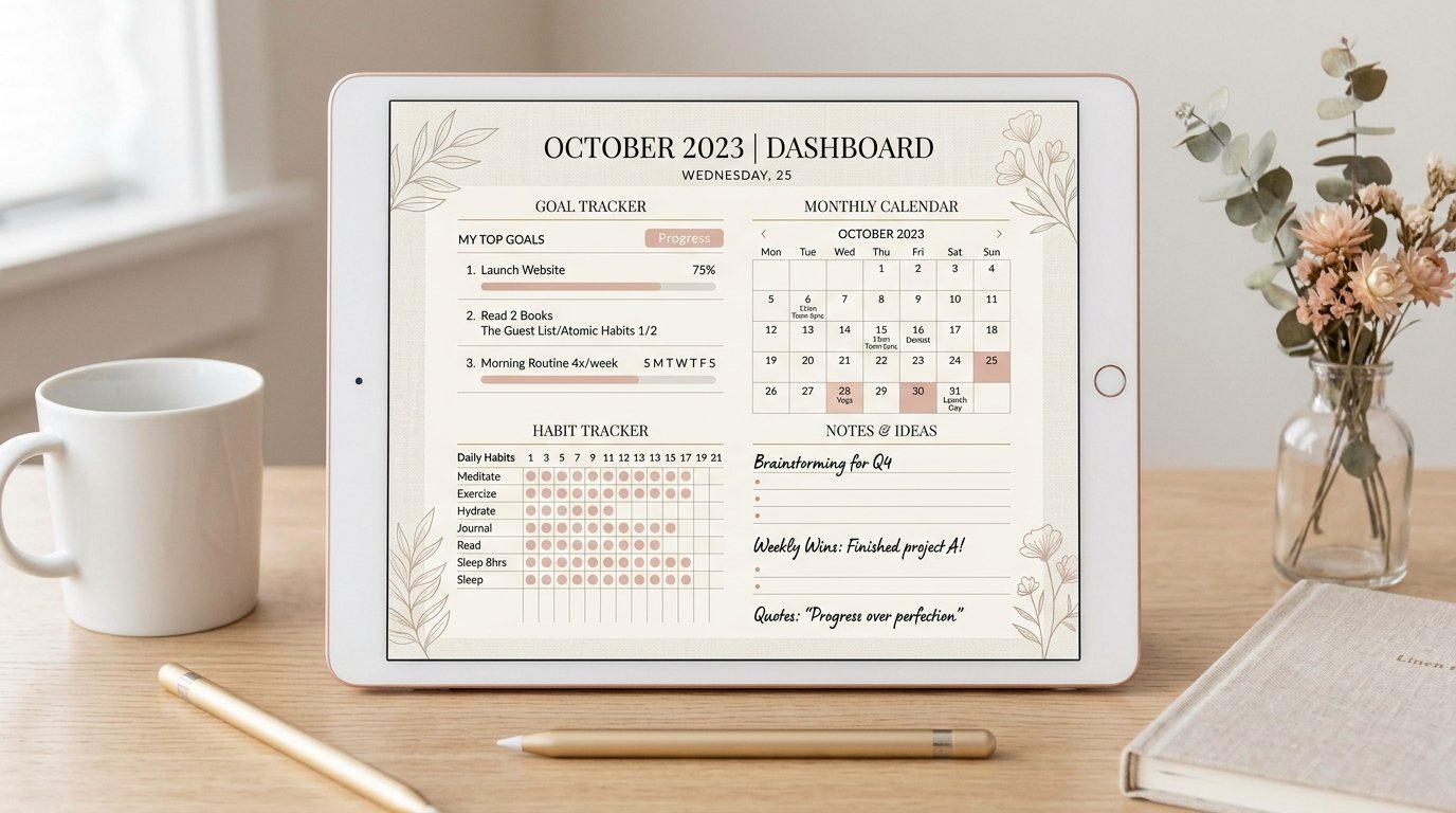 Aesthetic digital planner templates dashboard for daily planning by artisan anthology llc.