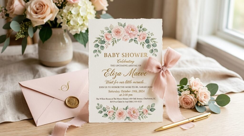 Baby shower invitation instant download for girls with elegant floral design by artisan anthology llc.