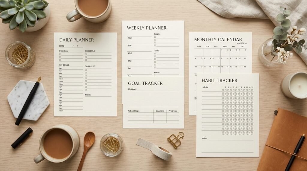 Collection of printable planner pages for organization and productivity by artisan anthology llc.
