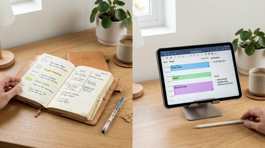 Comparison between paper planner pages and digital planner templates by artisan anthology llc.