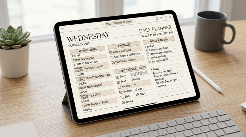 Dated daily planner template for productivity and organization by artisan anthology llc.