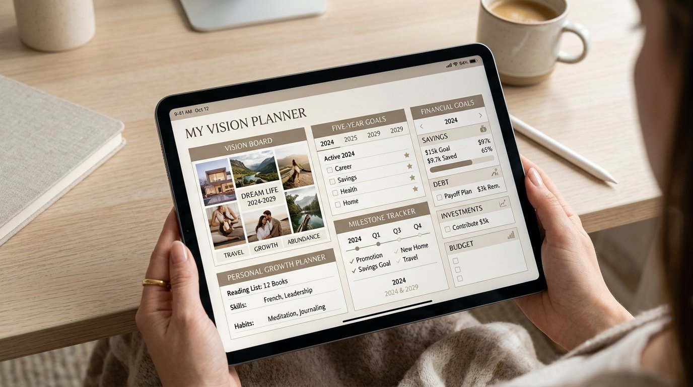 Digital 5 year planner dashboard for tracking long-term goals and milestones by artisan anthology llc.