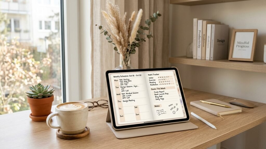 Digital planner pages on tablet showing Artisan Anthology planning system by artisan anthology llc.
