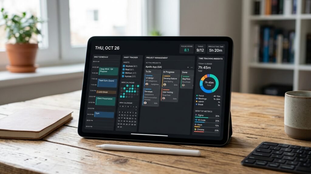 Digital productivity planner with time tracking, goal management, and daily planning tools by artisan anthology llc.