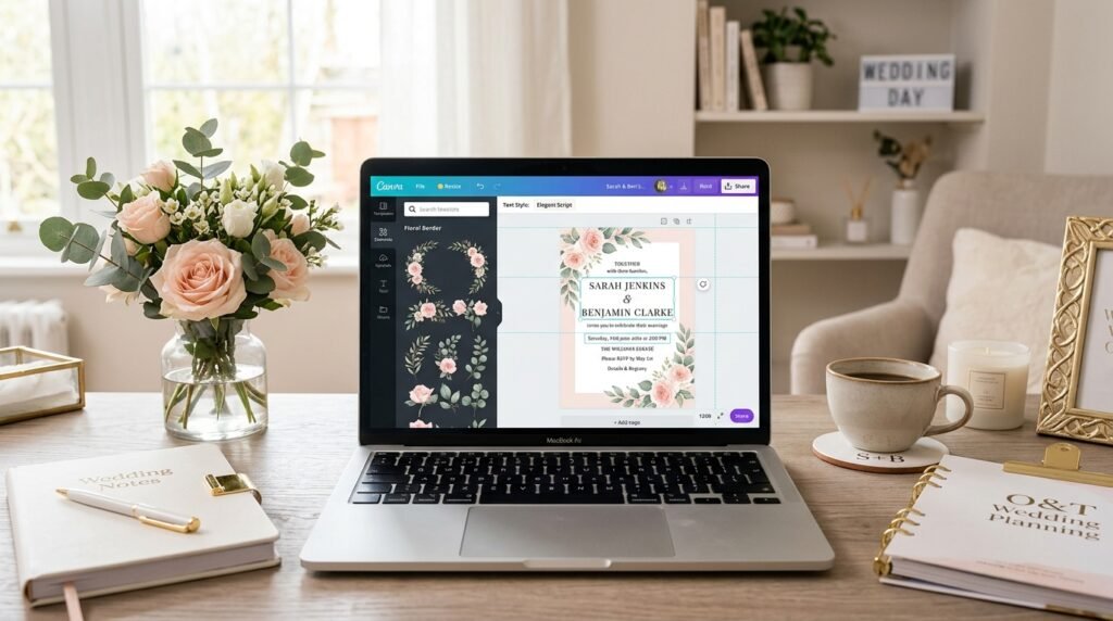 Editable floral wedding invitation template in Canva by artisan anthology llc.