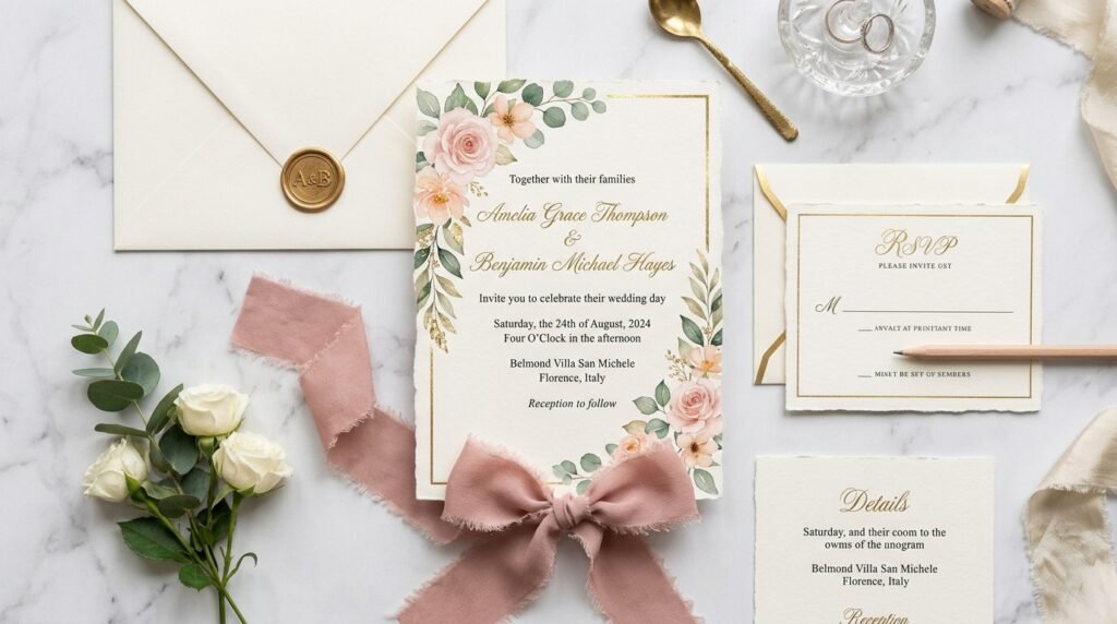Editable floral wedding invitation template with luxury floral design by artisan anthology llc.