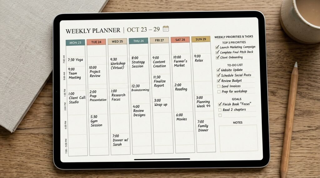 Free weekly planner style layout inside digital planner by artisan anthology llc.