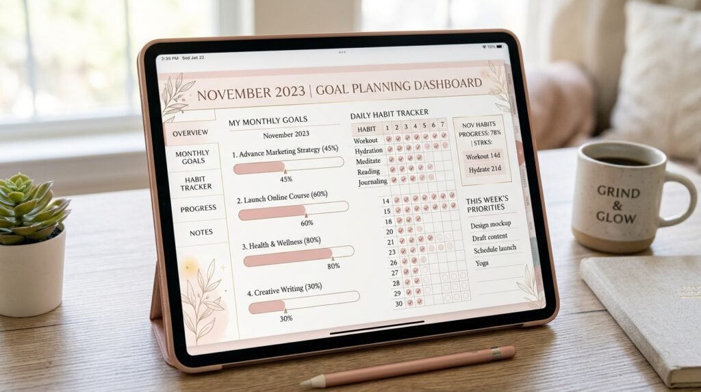 Goal oriented planner helping users track productivity and goals by artisan anthology llc.