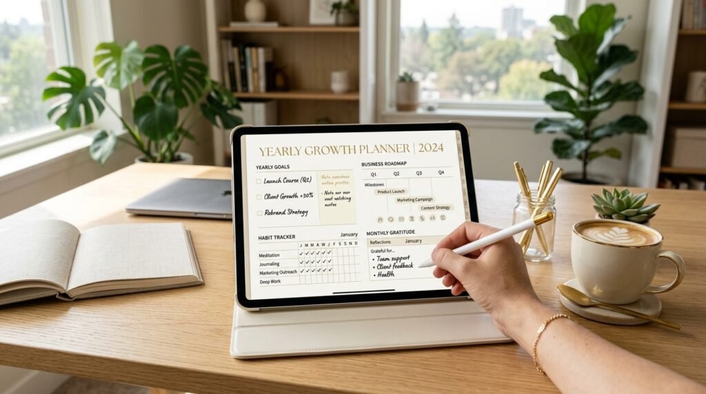 Growth planner displayed on a tablet helping entrepreneurs organize goals and achieve long-term success by artisan anthology llc.