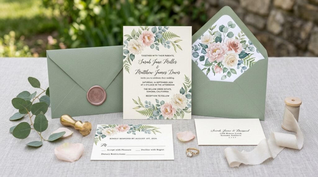 Luxury printed editable floral wedding invitation set by artisan anthology llc.