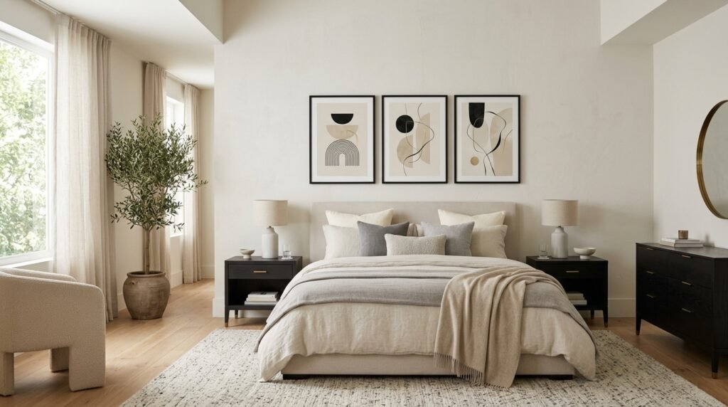 Minimalist printable wall art set decorating a modern bedroom by artisan anthology llc