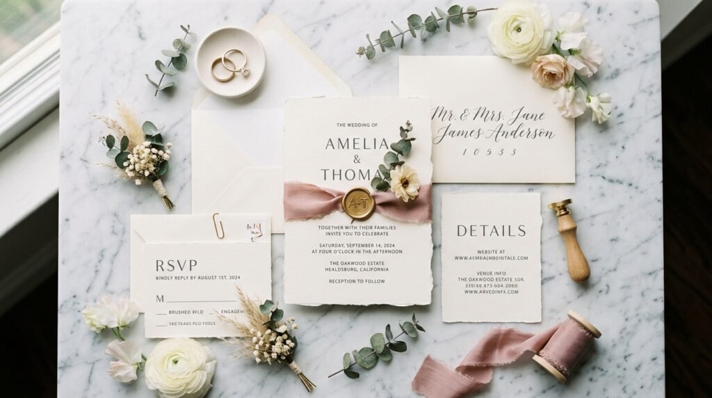 Modern wedding invitation instant download luxury flat lay design by artisan anthology llc.