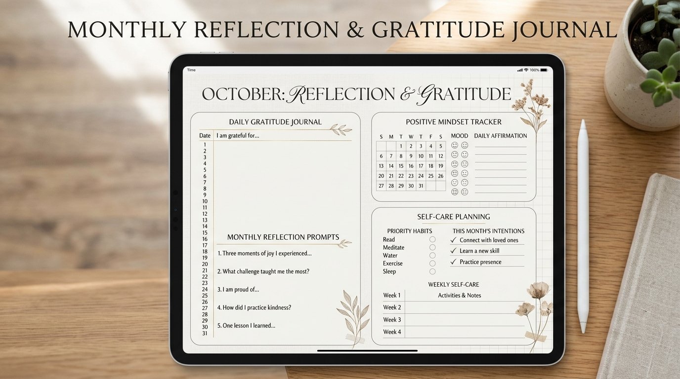 Monthly gratitude planner page designed to encourage reflection, mindfulness, and personal growth by artisan anthology llc.