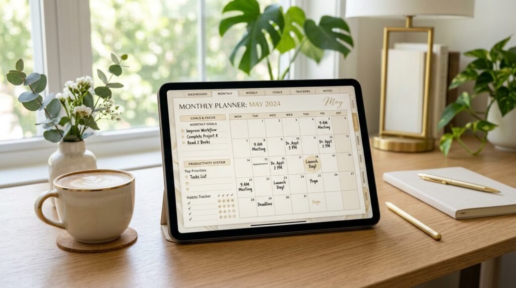 Monthly planner PDF download displayed on a tablet for productivity and organization by artisan anthology llc.
