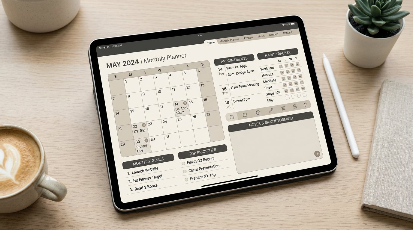 Monthly planner dashboard helping users organize goals and schedules by artisan anthology llc.