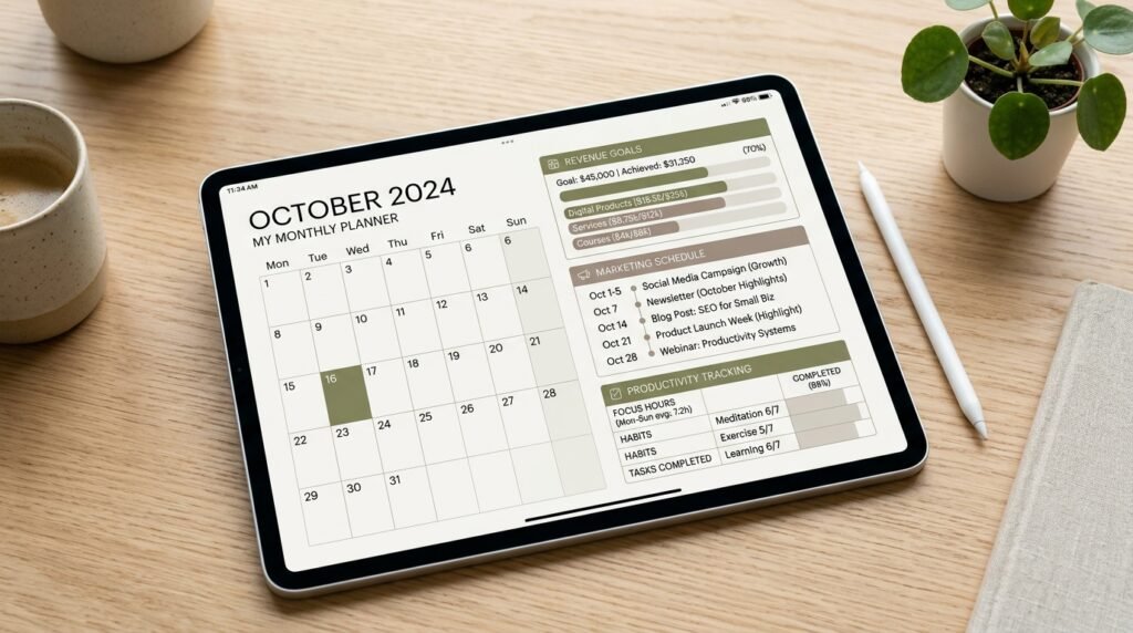 Monthly planner helping business owners organize goals. by artisan anthology llc.