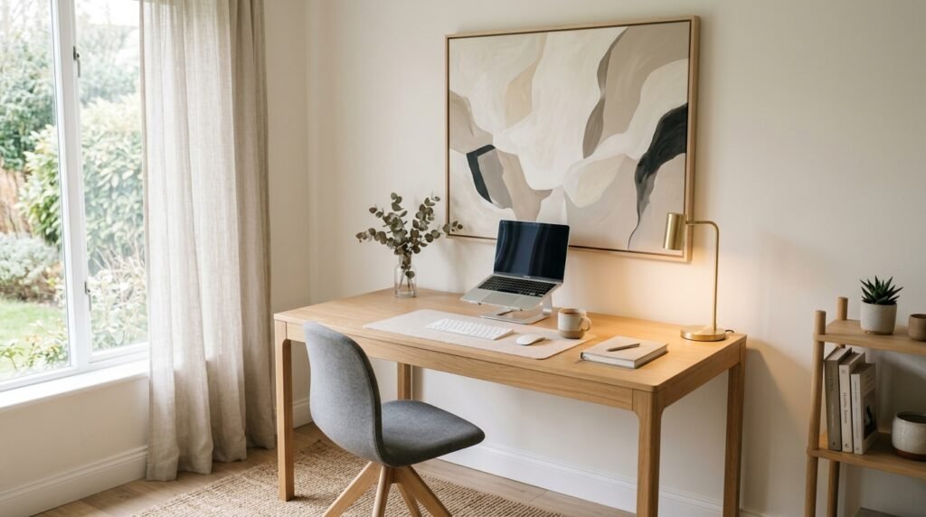 Neutral wall art decorating a modern home office by artisan anthology llc.