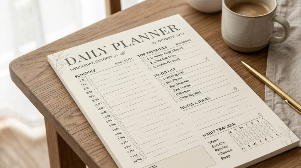 Printable daily planner page designed for productivity and time management. by artisan anthology llc.