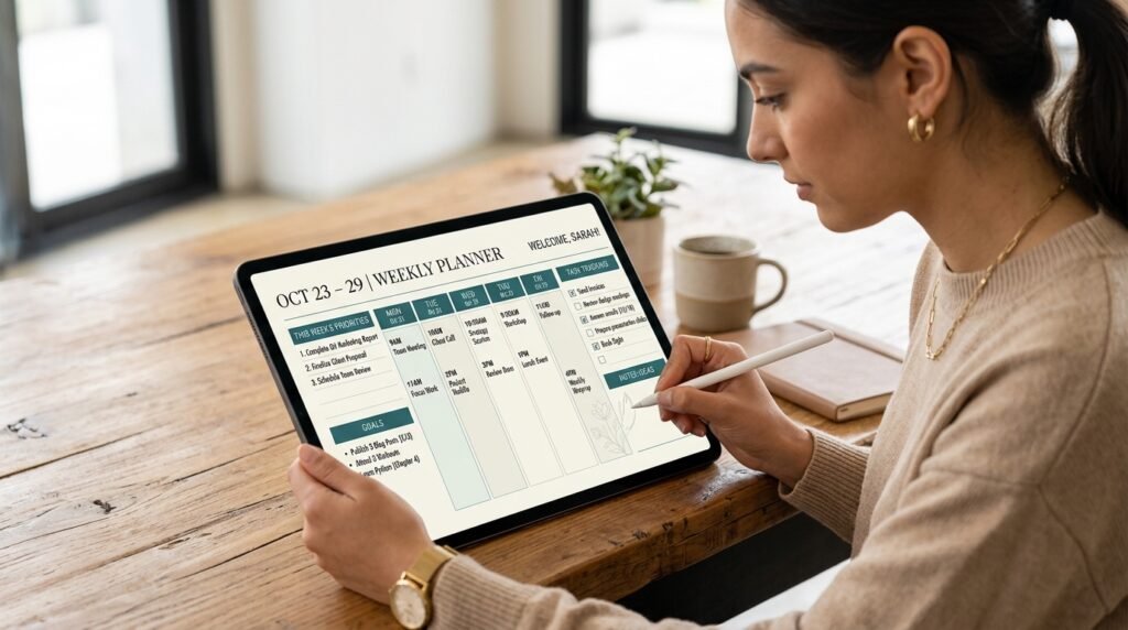Small business planner displayed on digital tablet for entrepreneurs by artisan anthology llc.