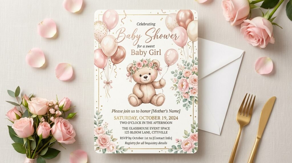 Teddy bear themed baby shower invitation for girls by artisan anthology llc.