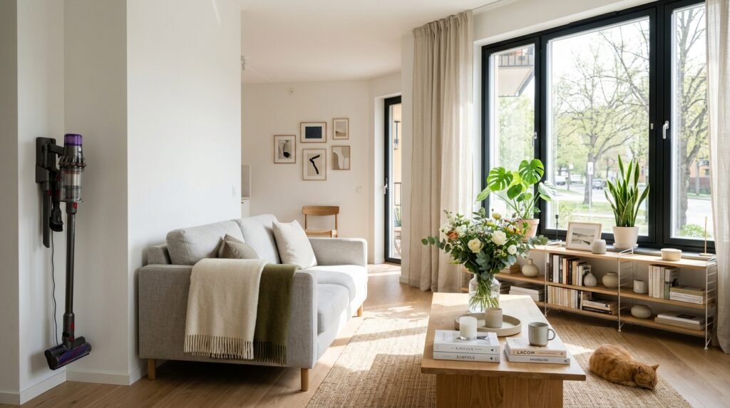 A clean and organized living room prepared during a Sunday Reset routine by artisan anthology llc.,