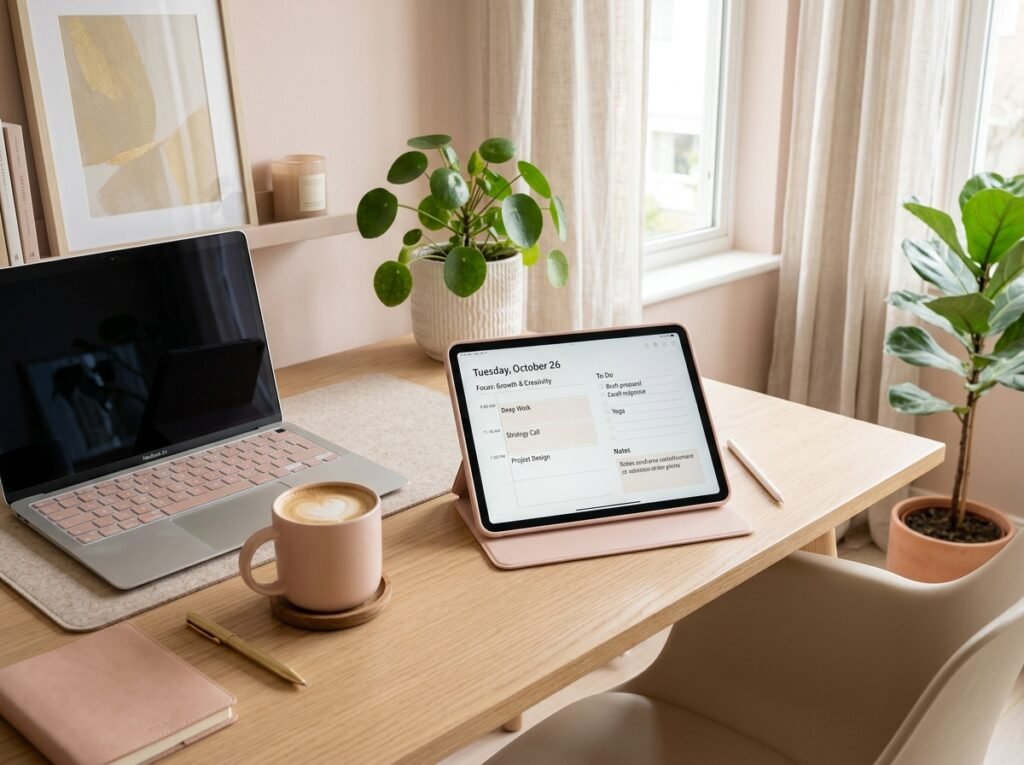 A clean workspace organized with a digital planner for focused productivity by artisan anthology llc.