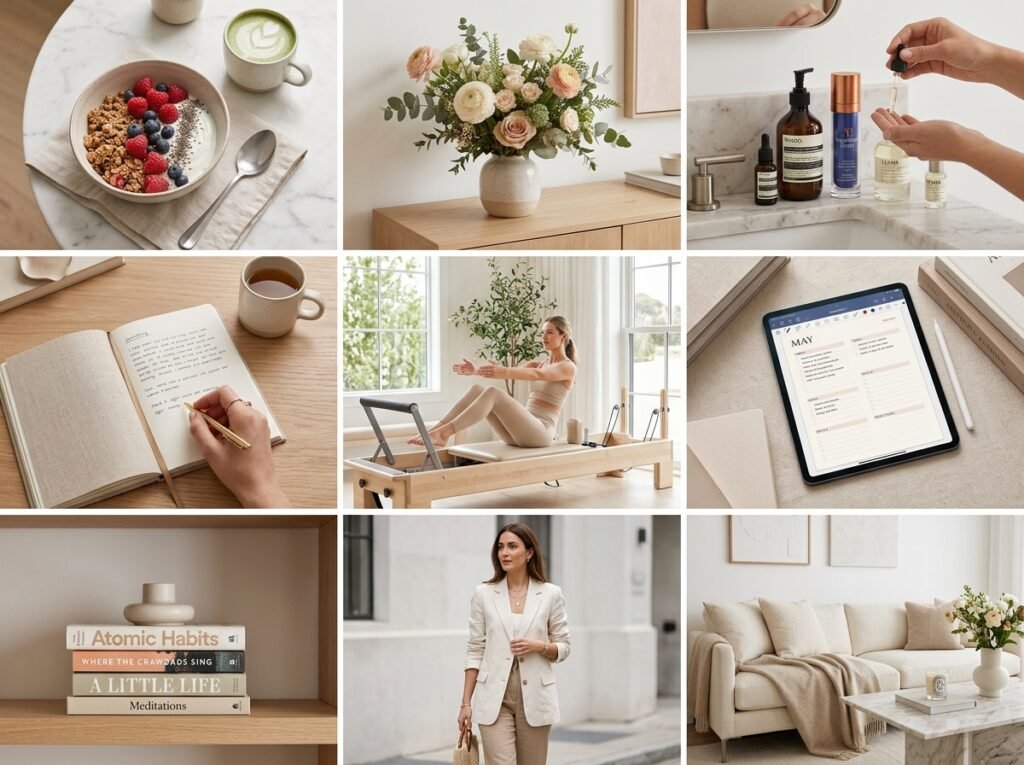 A collage representing the Soft Girl lifestyle with healthy habits, planning, and self-care by artisan anthology llc.