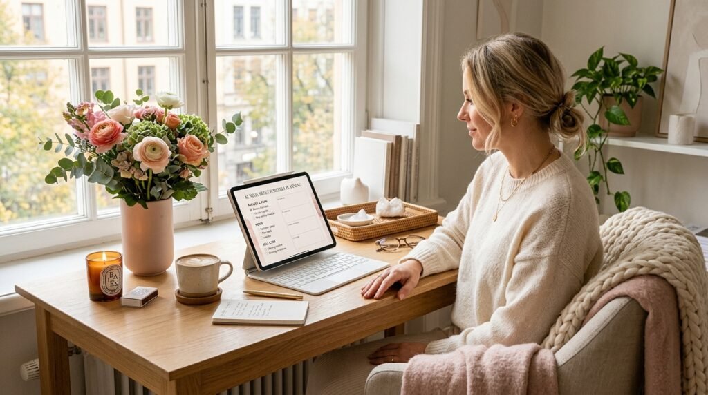 A cozy Sunday morning workspace featuring a digital Sunday Reset Checklist planner with coffee and flowers by artisan anthology llc.