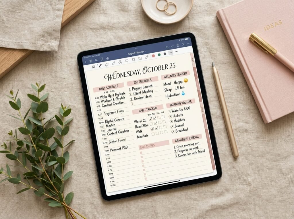 A digital planner displaying a daily routine schedule, habit tracker, and wellness planning pages by artisan anthology llc.