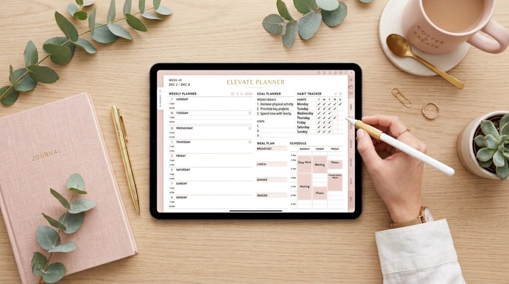 A digital planner showing a weekly reset schedule, habit tracker, and meal planning pages by artisan anthology llc.