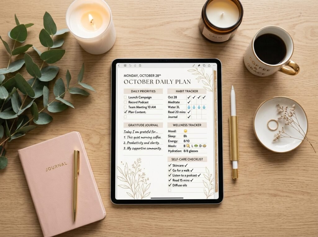 A relaxing morning routine featuring stretching, journaling, and mindful planning by artisan anthology llc.