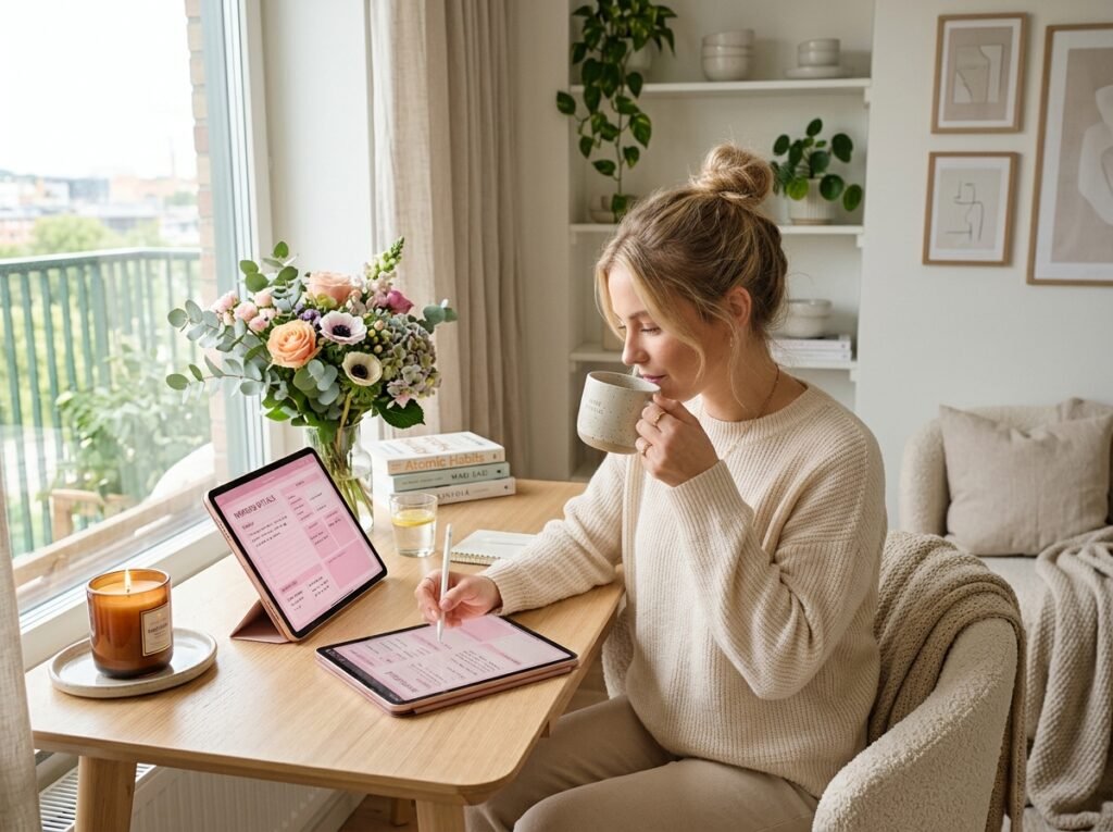 A woman using a digital That Girl planner in a peaceful morning setting that represents the Soft Girl Productivity System by artisan anthology llc.