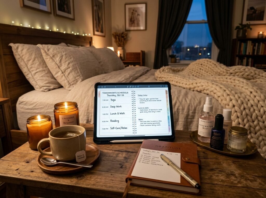 An evening planning routine using a digital planner to prepare for the next day by  artisan anthology llc.