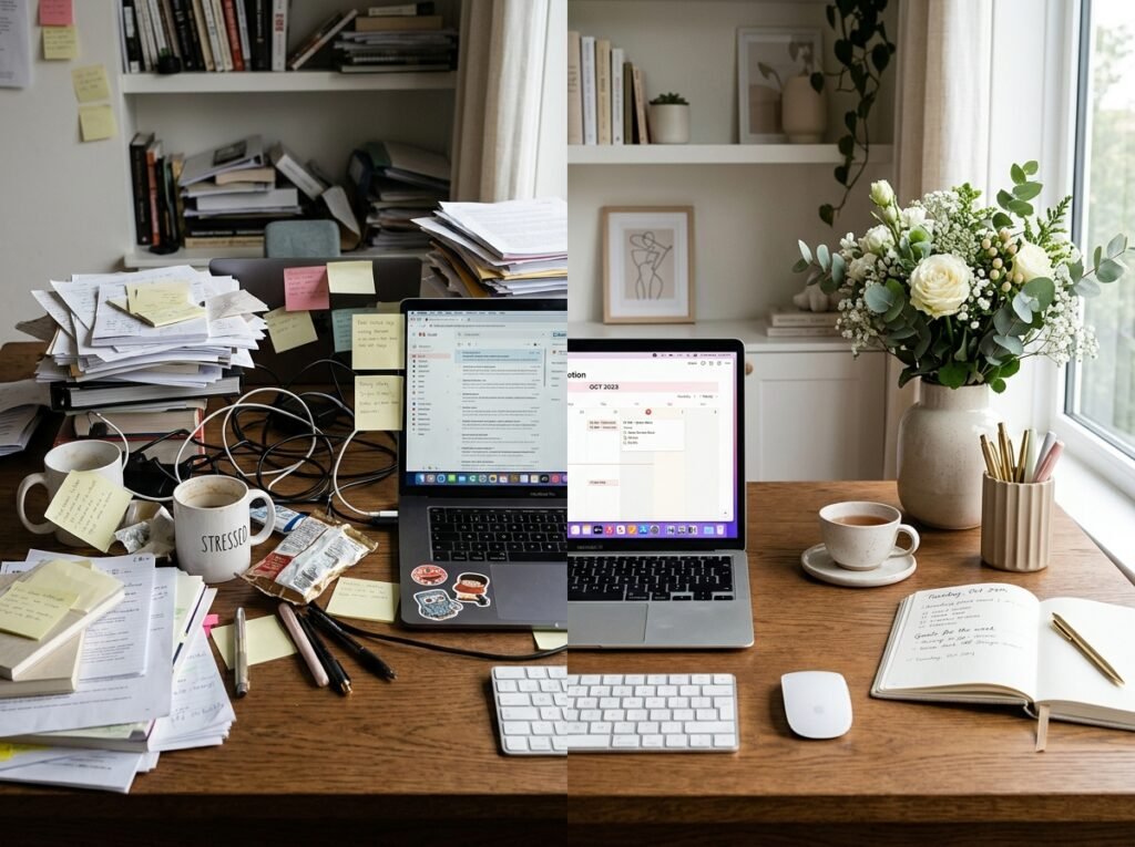 Before and after workspace transformation inspired by a monthly life audit by artisan anthology llc.