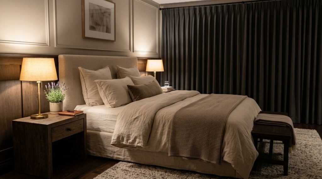Calming bedroom designed to promote better sleep and relaxation by artisan anthology llc.