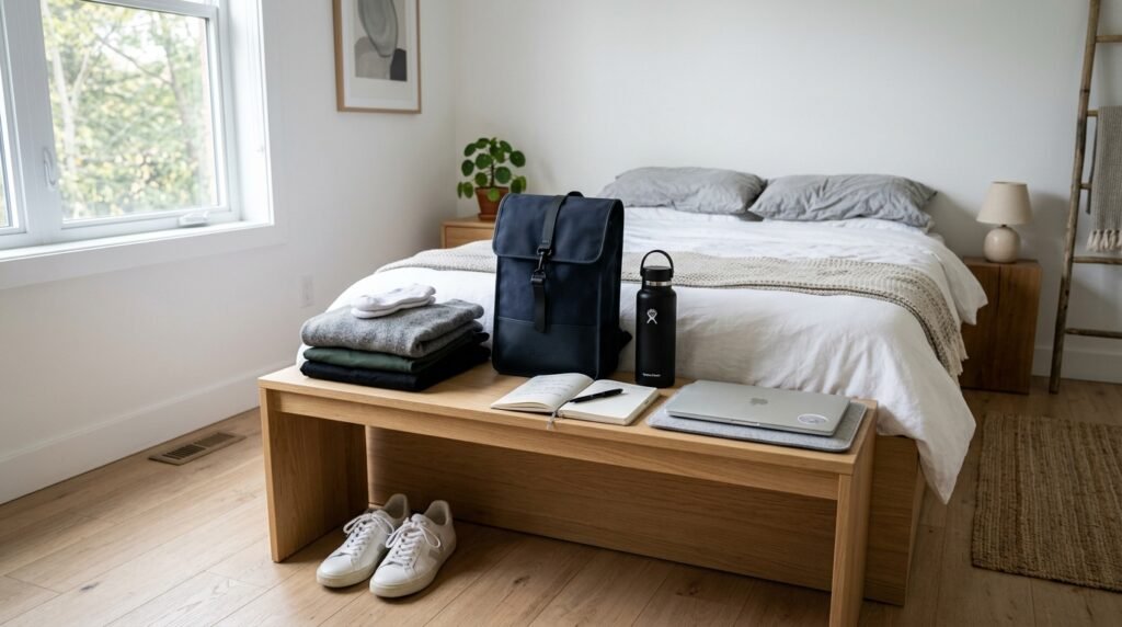 Clothes, planner, and essentials prepared the night before for a productive morning b y artisan anthology llc.