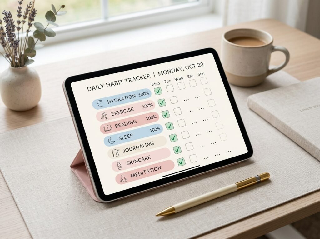 Digital habit tracker helping users stay consistent throughout a 30-day glow-up challenge by artisan anthology llc.