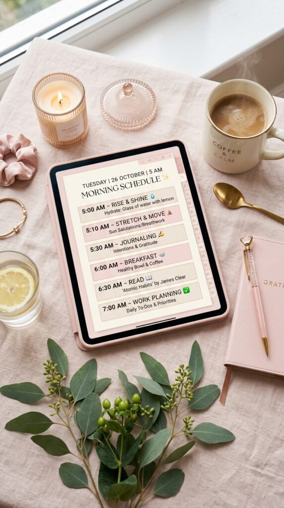 Digital planner displaying a structured 5 AM morning routine schedule by artisan anthology llc.
