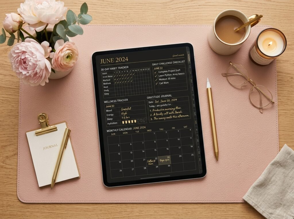 Digital planner showing a 30-day glow-up challenge tracker with wellness and habit planning pages by artisan anthology llc.