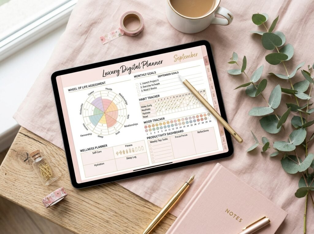 Digital planner showing a life audit dashboard with goal tracking, wellness, and productivity pages by artisan anthology llc.